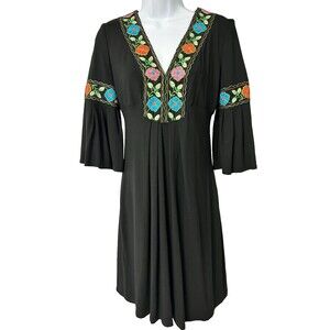 Cache Women's Sz M Embroidered Floral Dress Bell Sleeves Stretch Whimsigoth Y2K